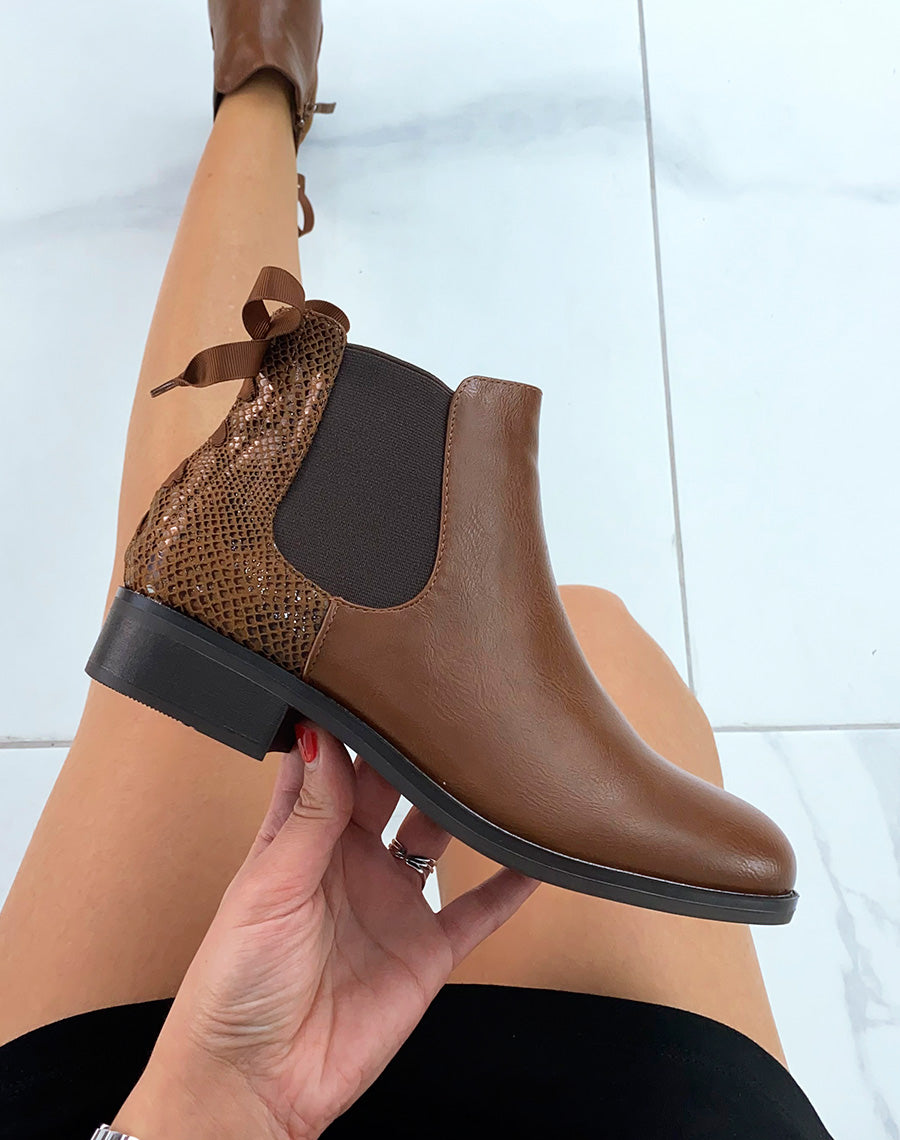 Bottines chelsea camel bi-matière à noeud