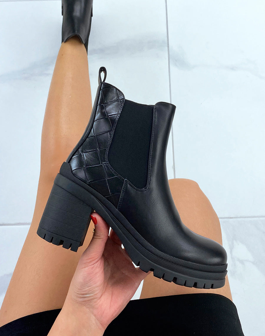 Bottines chelsea noires bi-matières quadrillées à talon