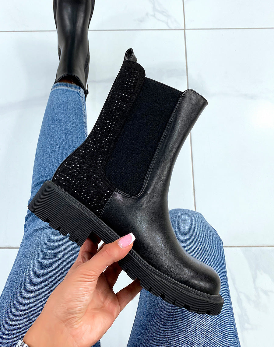 Bottines chelsea noires montantes à strass noirs