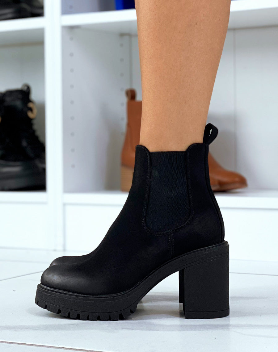 Bottines chelsea noires à talon haut et plateforme crantée 