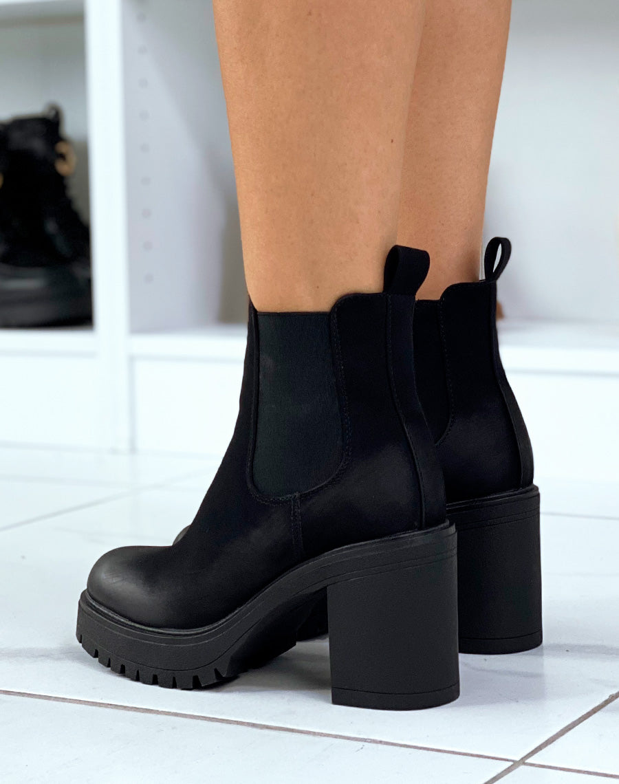 Bottines chelsea noires à talon haut et plateforme crantée 