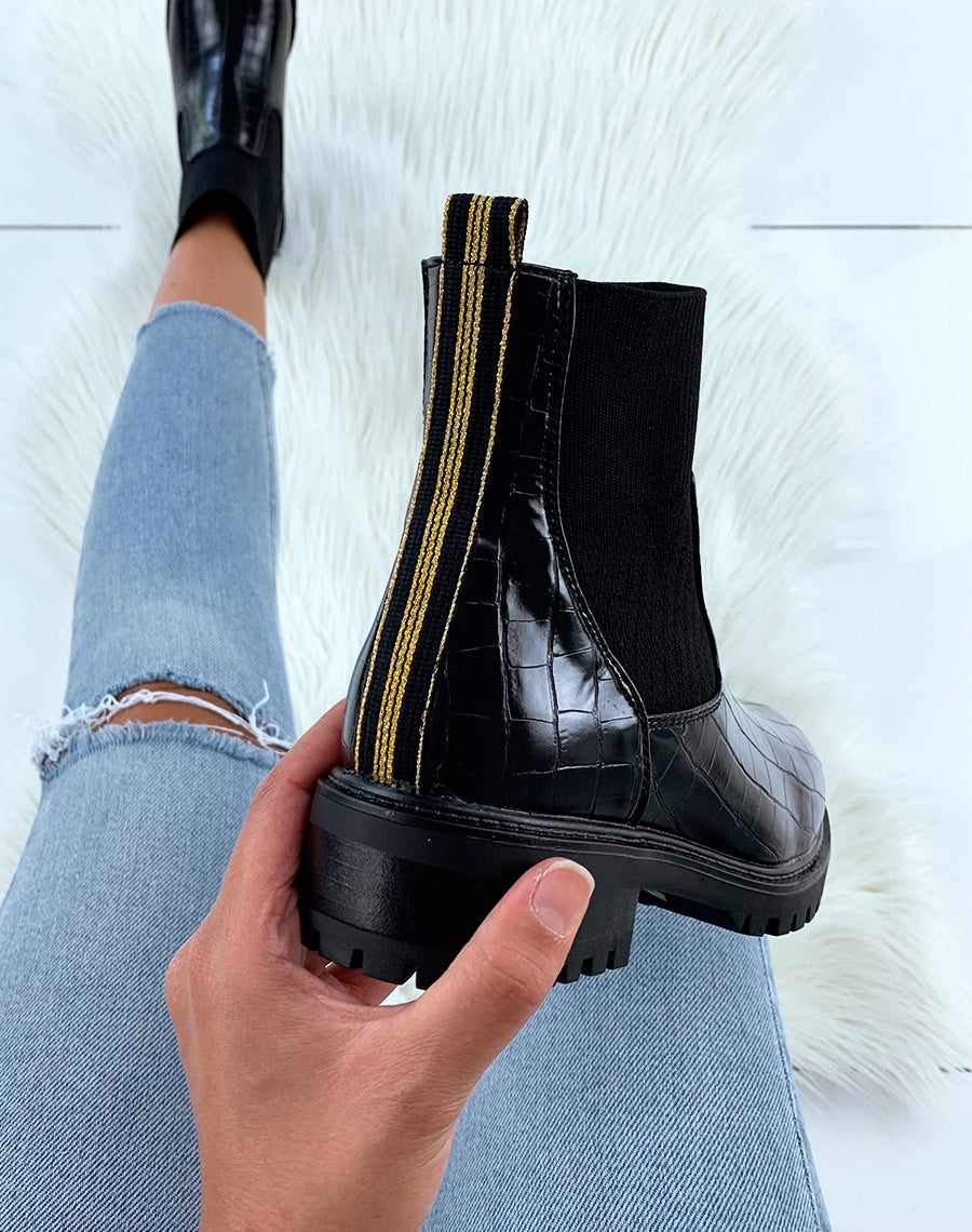 Bottines effet chaussettes noires en matière croco