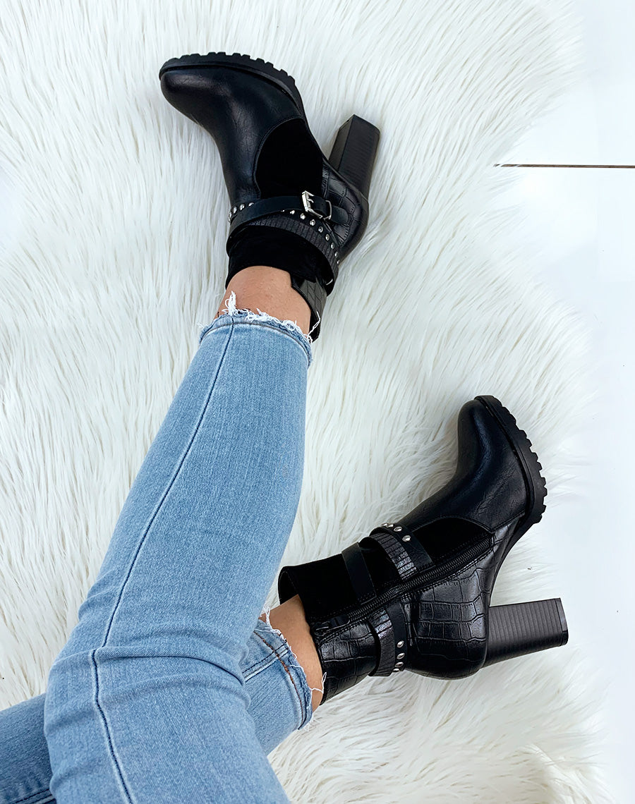 Bottines en bi-matières noires à talons et multiples lanières entrecroisées