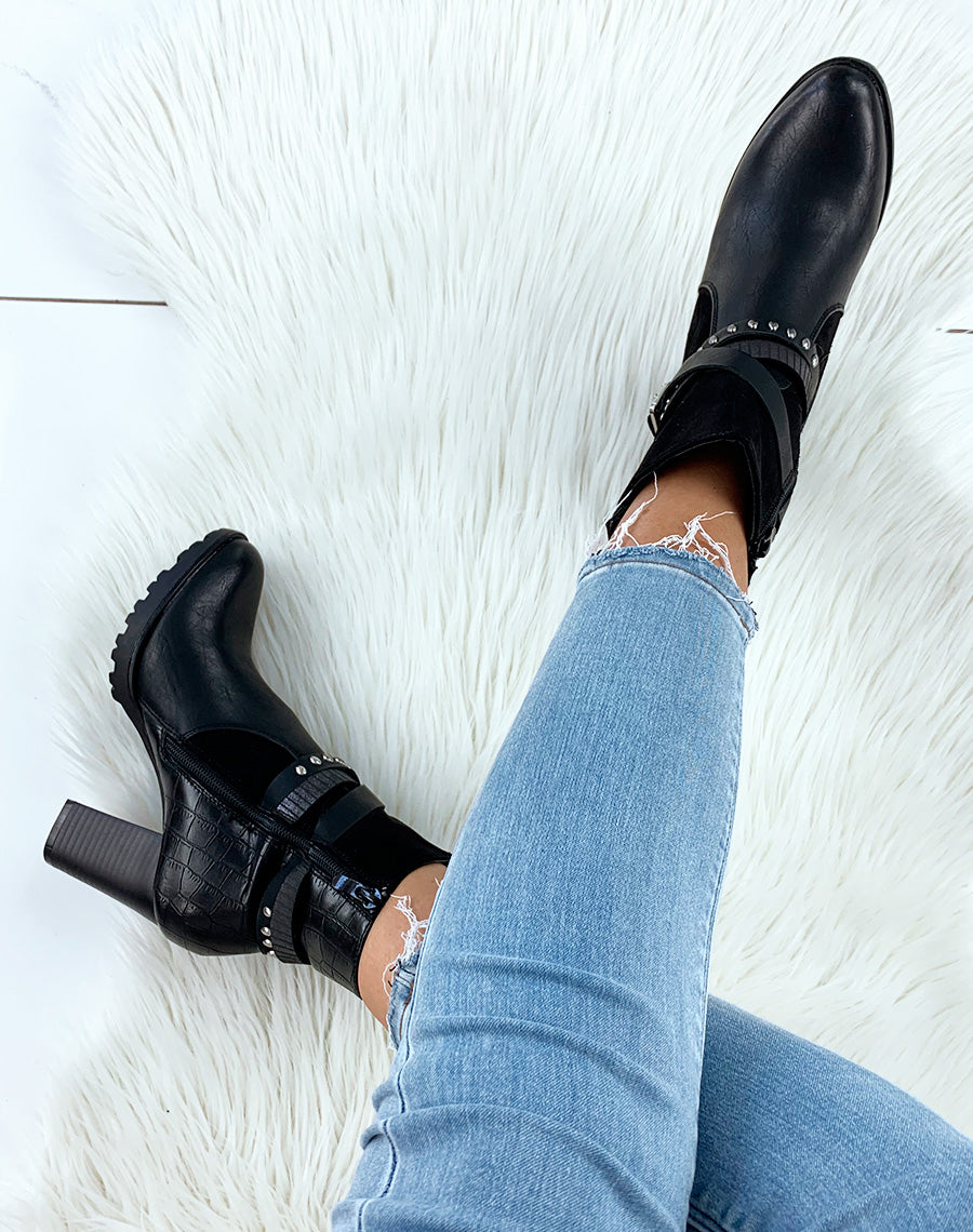 Bottines en bi-matières noires à talons et multiples lanières entrecroisées