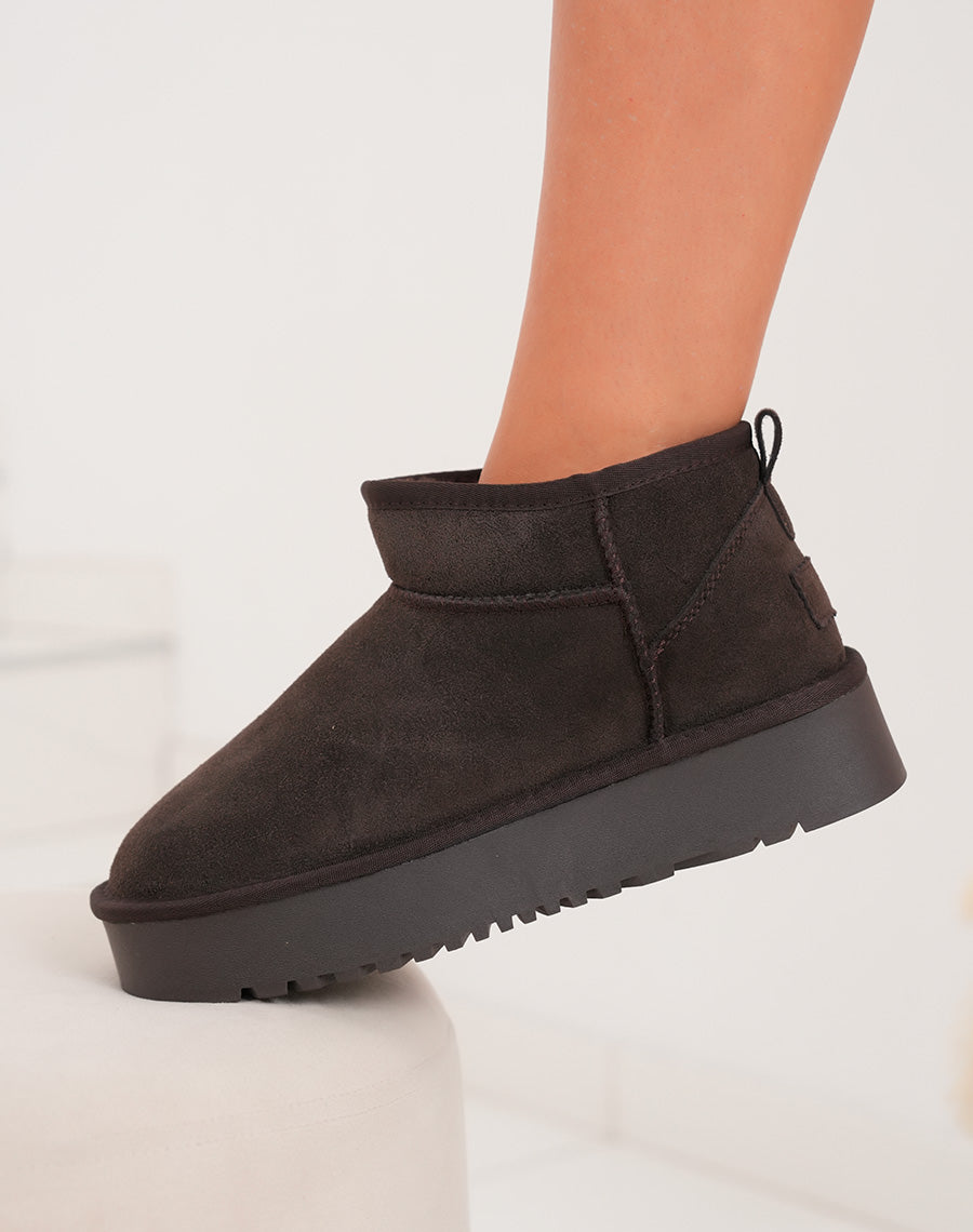 Bottines femme basses en cuir marron fourrées avec plateforme