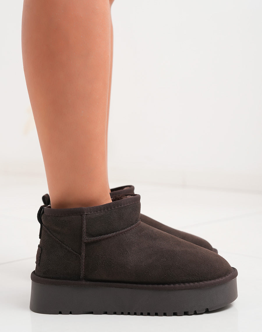 Bottines femme basses en cuir marron fourrées avec plateforme