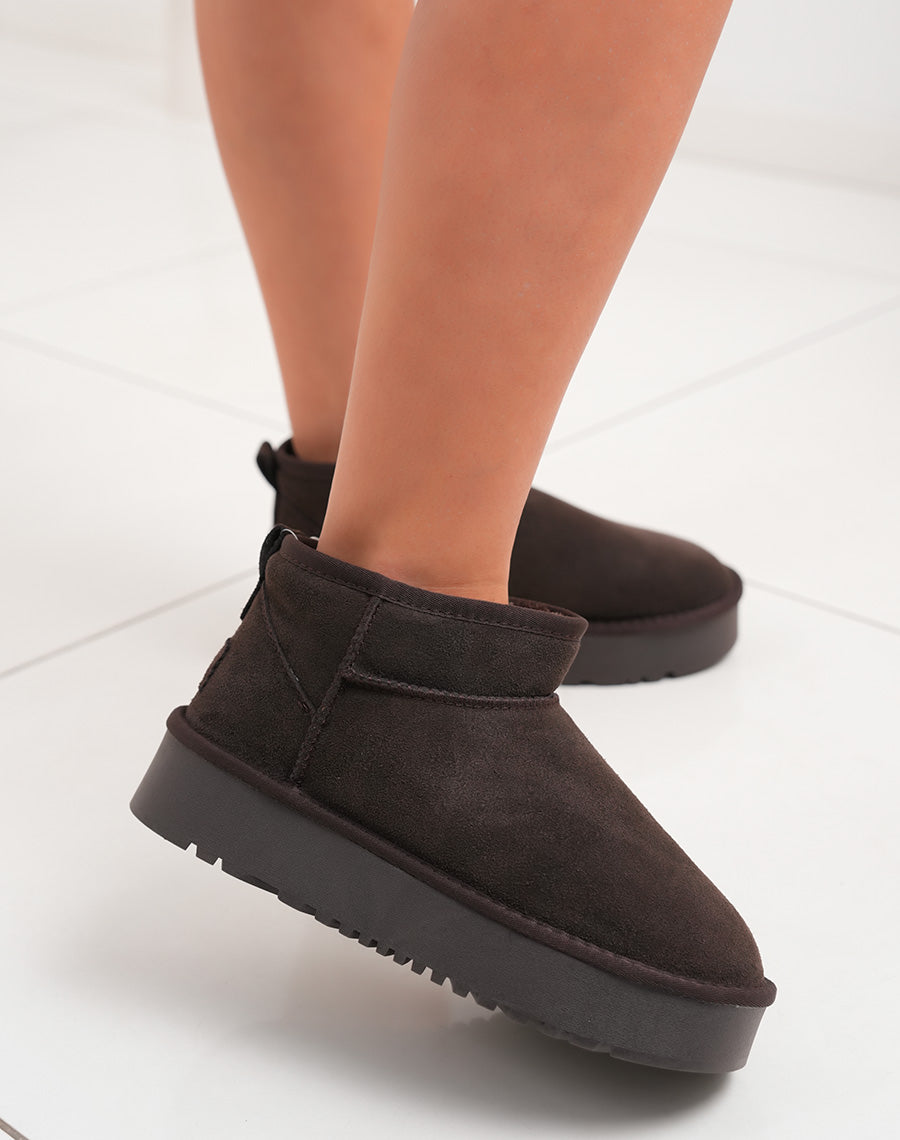 Bottines femme basses en cuir marron fourrées avec plateforme