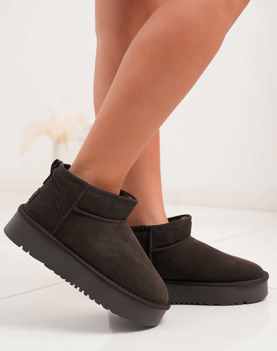 Bottines femme basses en cuir marron fourrées avec plateforme