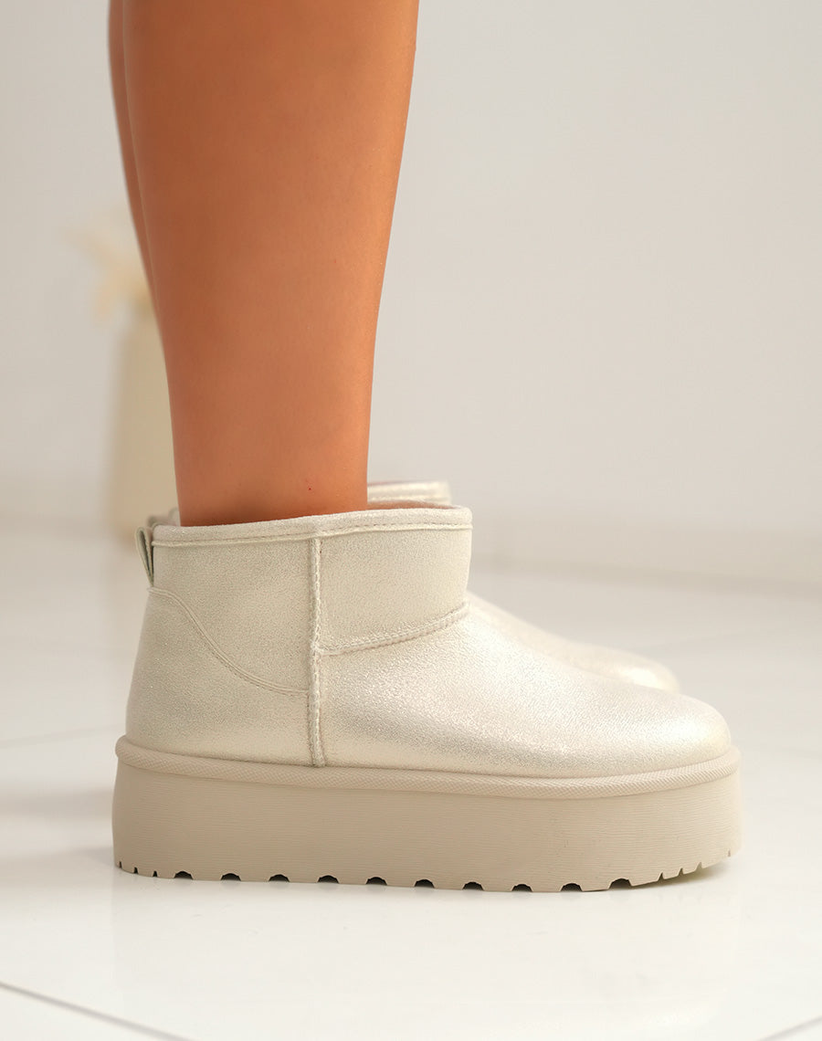 Bottines femme beige métallisé tendance avec grosse plateforme et intérieur fourré