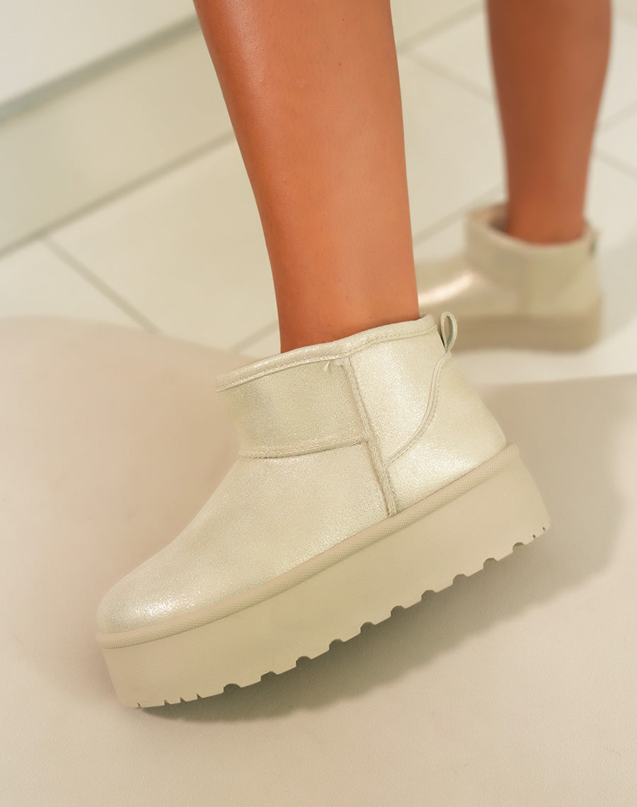 Bottines femme beige métallisé tendance avec grosse plateforme et intérieur fourré