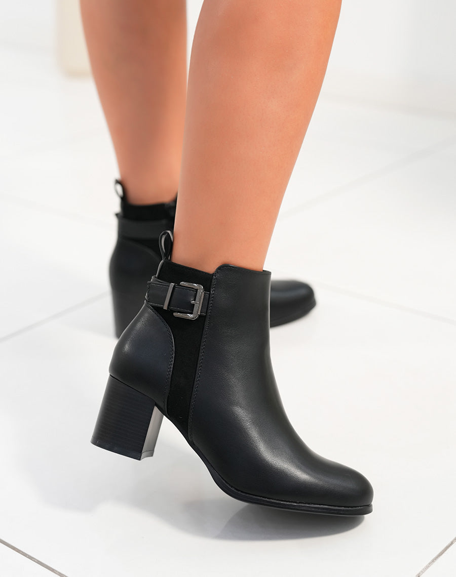Bottines femme bi-matière noires avec talon épais moyen et sangle argentée