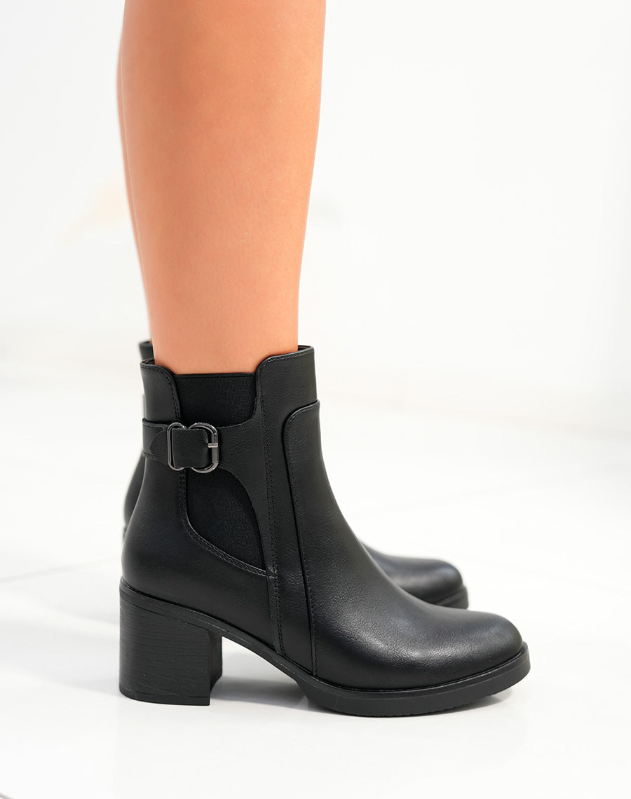 Bottines femme bi-matière noires avec talon épais moyen et sangle argentée
