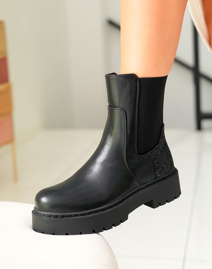 Bottines Femme Bi-Matière Noires à Empiècement Pailleté