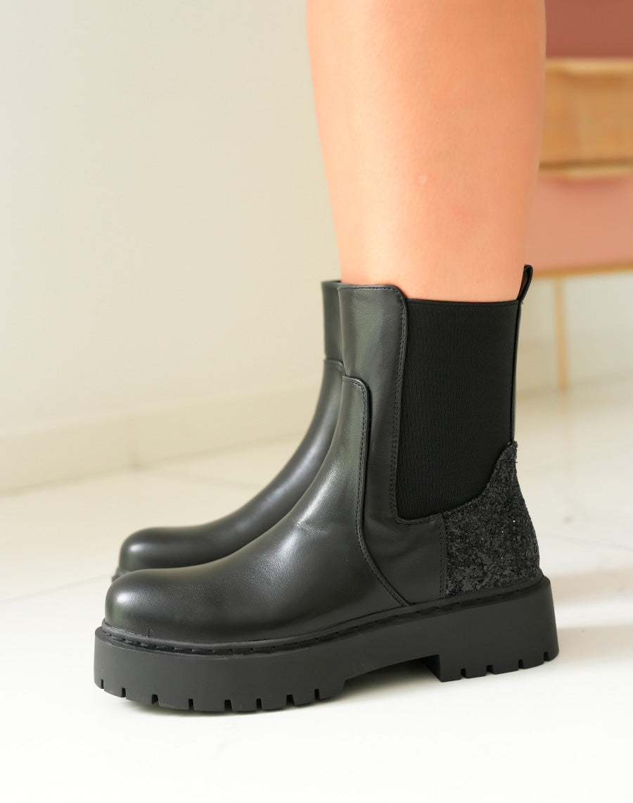Bottines Femme Bi-Matière Noires à Empiècement Pailleté