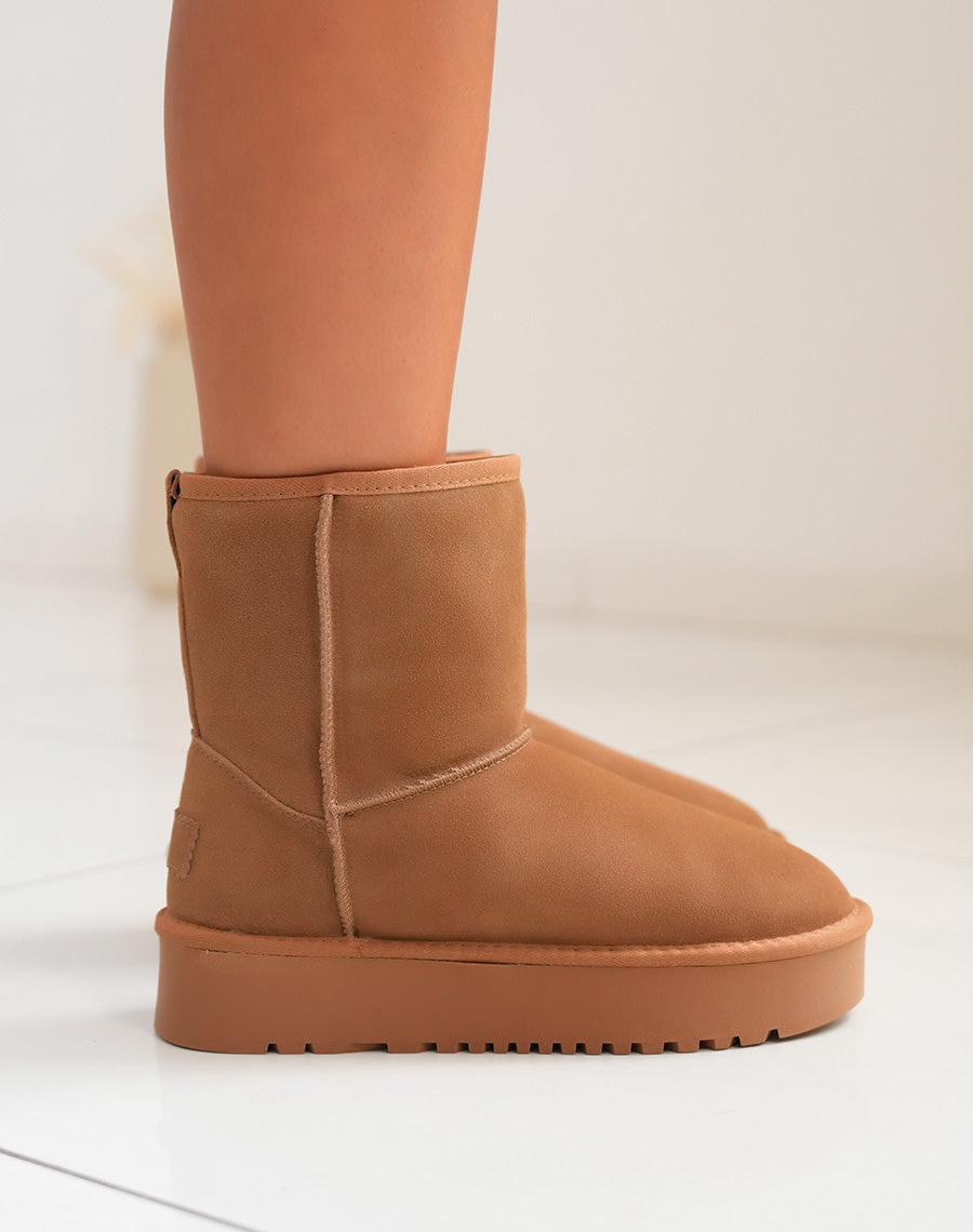 Bottines femme camel en cuir à plateforme épaisse fourrées et tendance