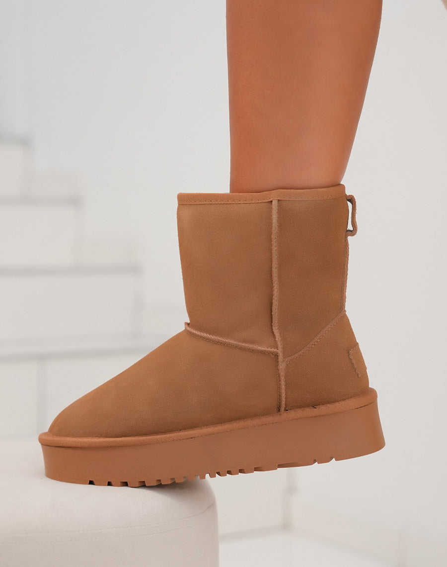 Bottines femme camel en cuir à plateforme épaisse fourrées et tendance