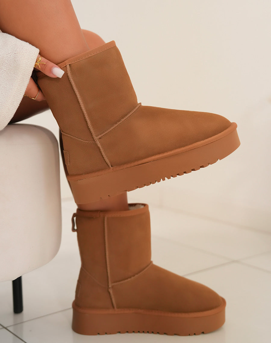 Bottines femme camel en cuir à plateforme épaisse fourrées et tendance