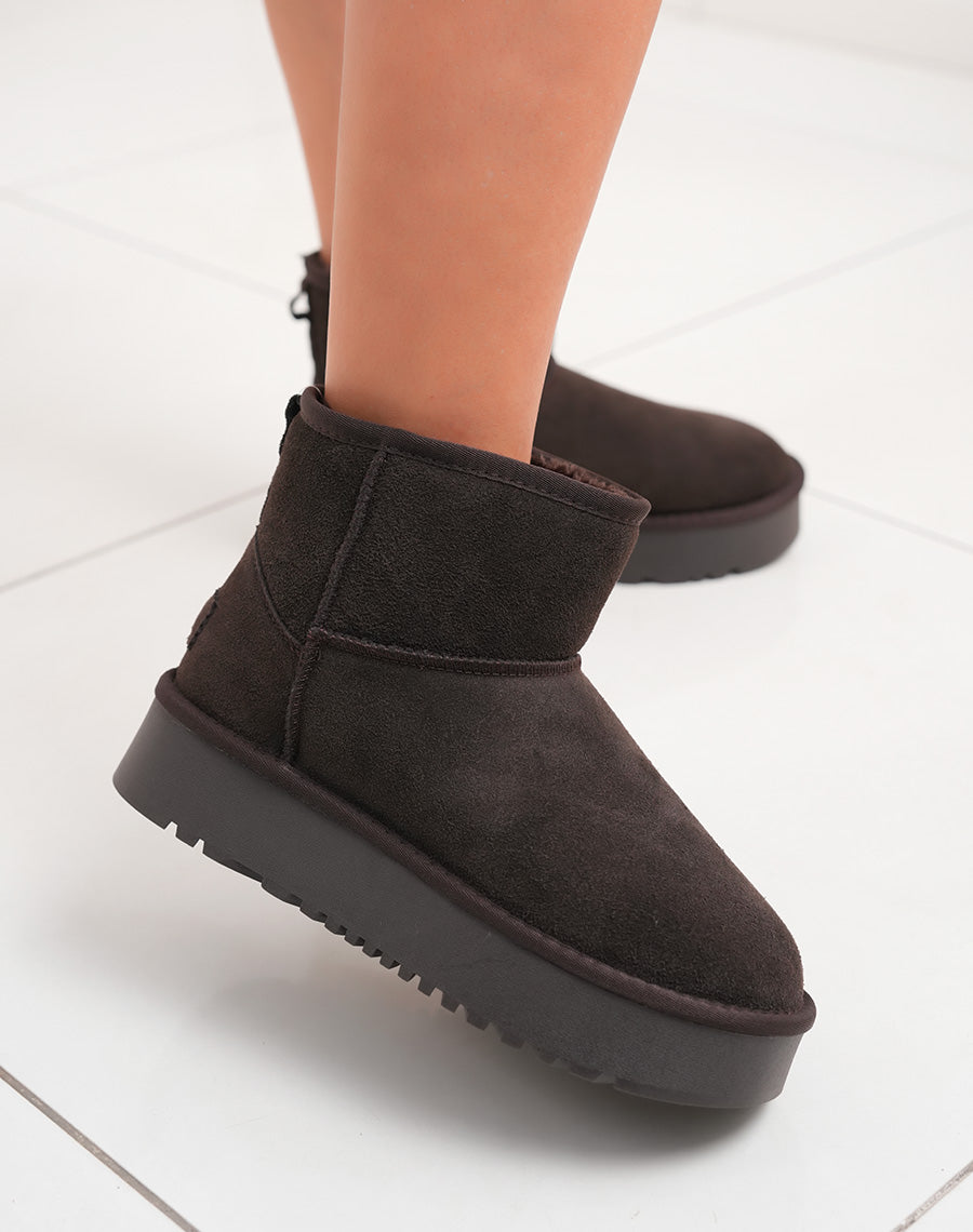 Bottines femme mi-hautes en cuir marron fourrées avec plateforme