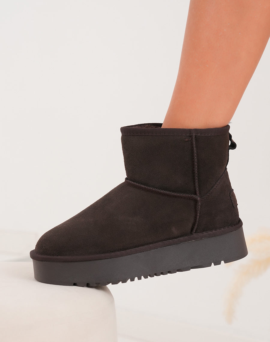 Bottines femme mi-hautes en cuir marron fourrées avec plateforme