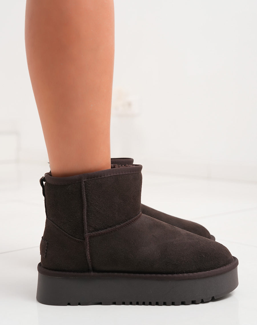 Bottines femme mi-hautes en cuir marron fourrées avec plateforme