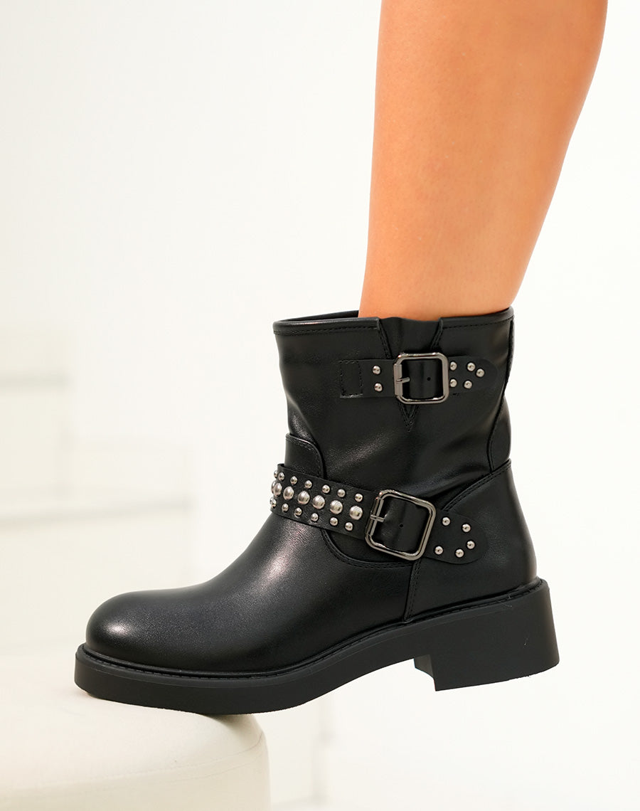 Bottines femme noires avec lanières argentées et petit talon