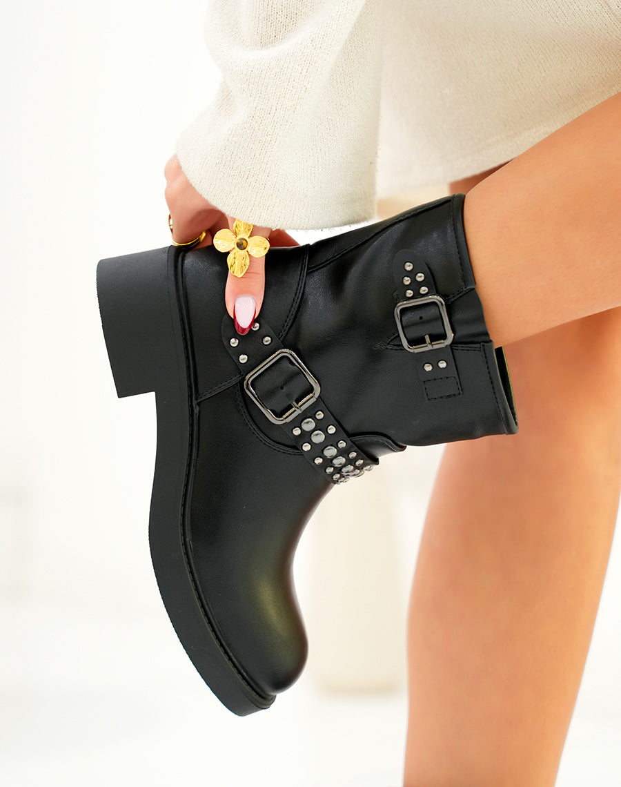 Bottines femme noires avec lanières argentées et petit talon