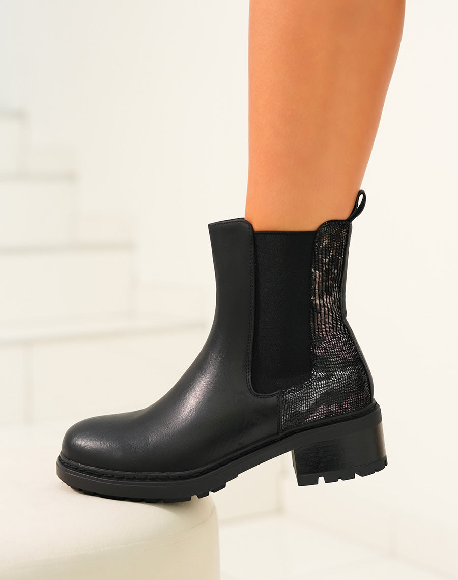 Bottines femme noires bi-matière avec effet crocodile et élastique