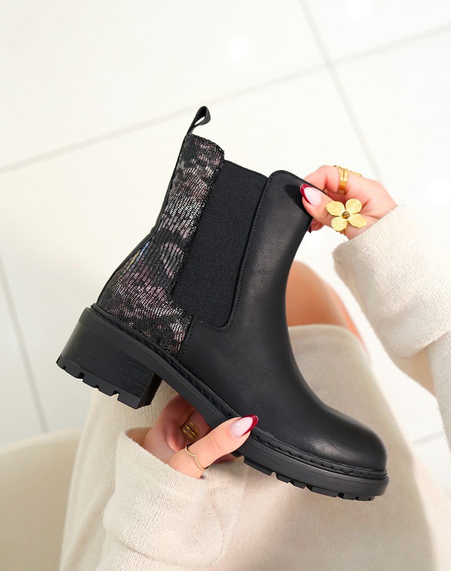 Bottines femme noires bi-matière avec effet crocodile et élastique