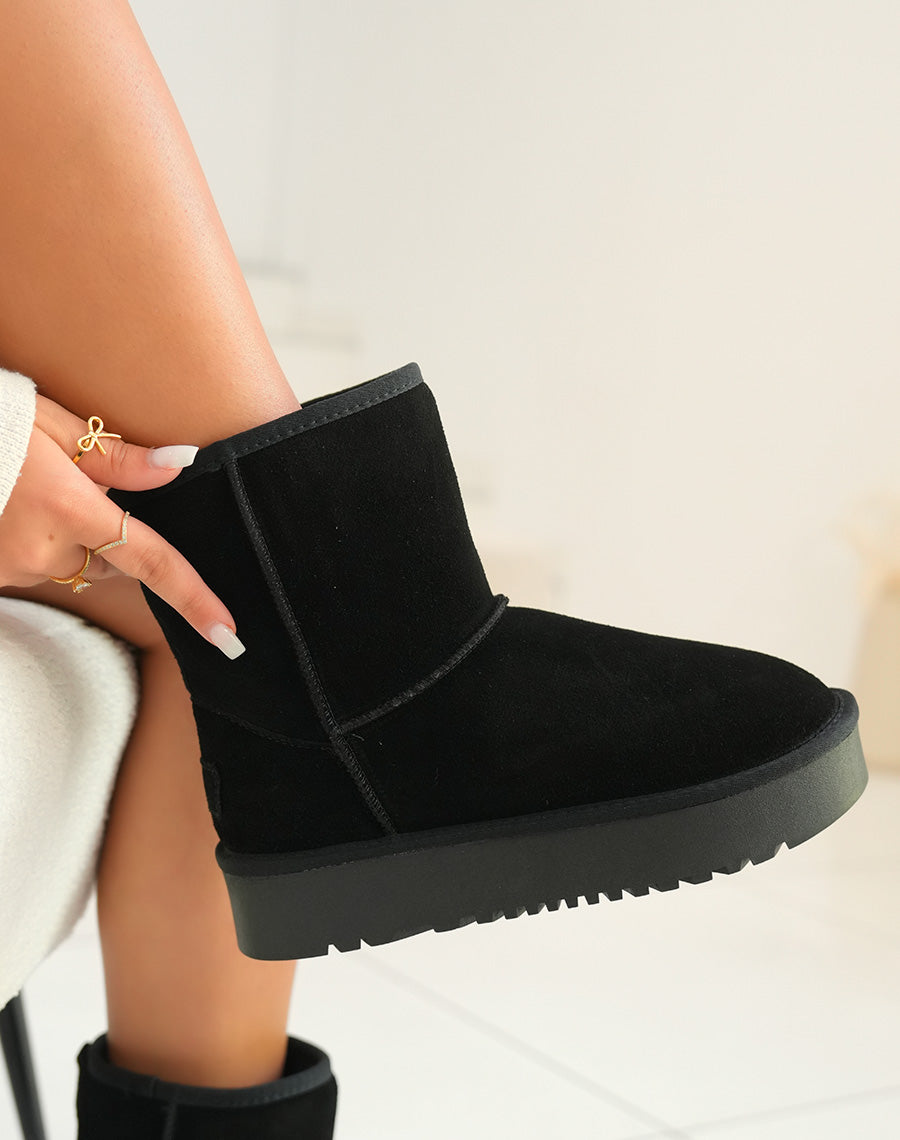 Bottines femme noires en cuir avec plateforme épaisse et intérieur fourré