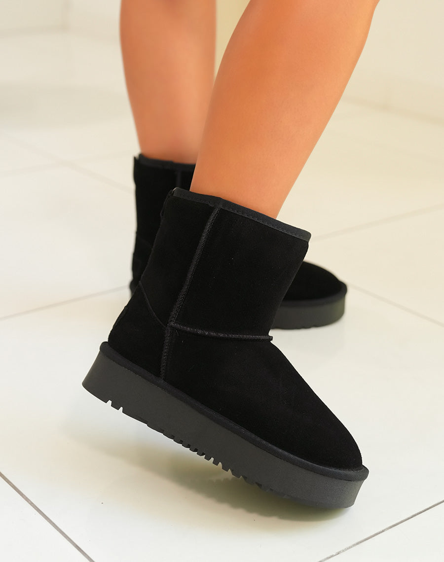 Bottines femme noires en cuir avec plateforme épaisse et intérieur fourré