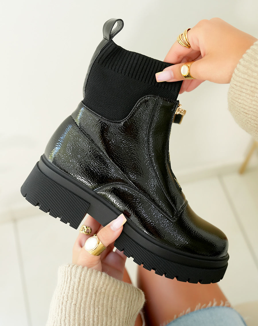 Bottines femme noires vernies tendance avec fermeture zippée