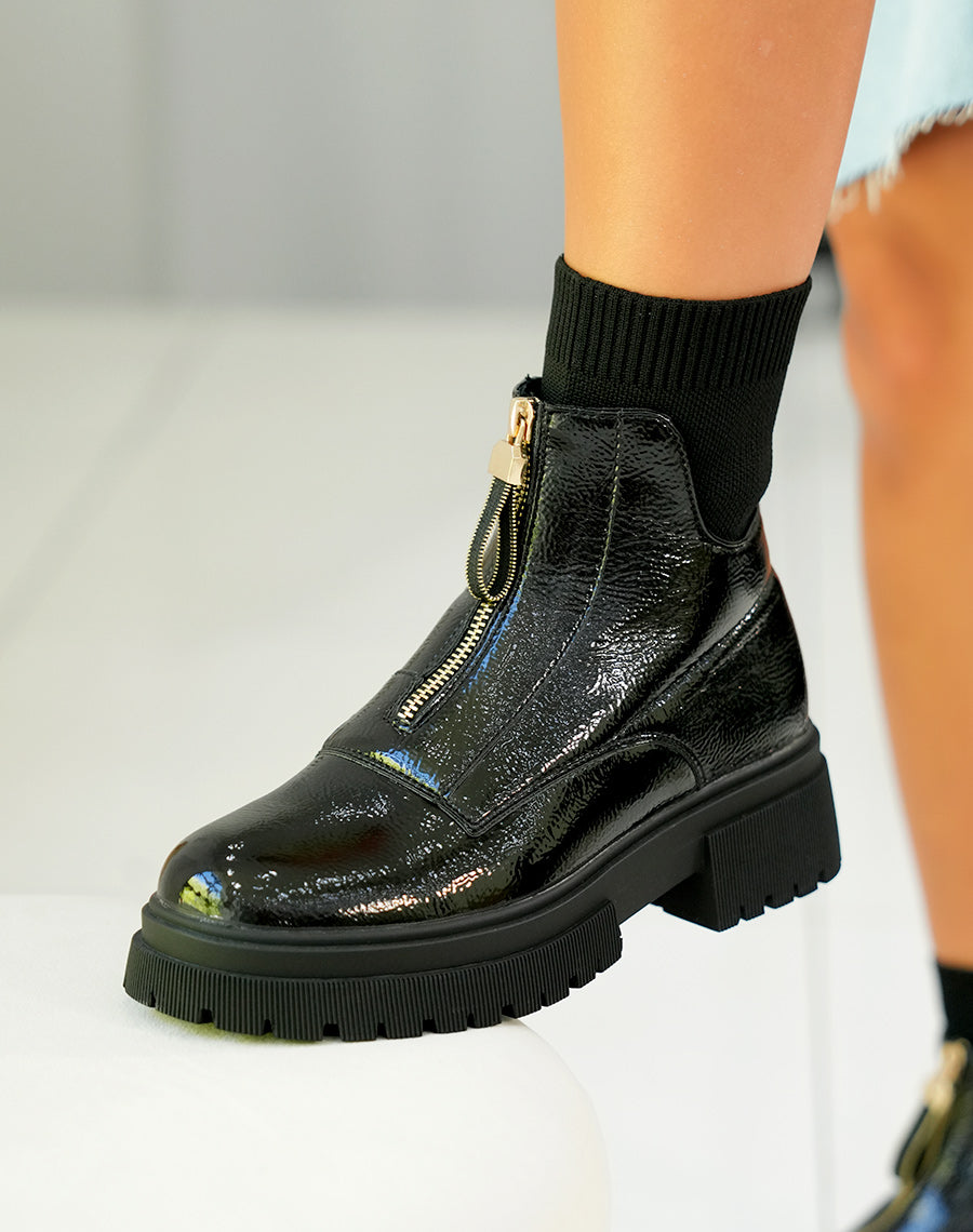 Bottines femme noires vernies tendance avec fermeture zippée
