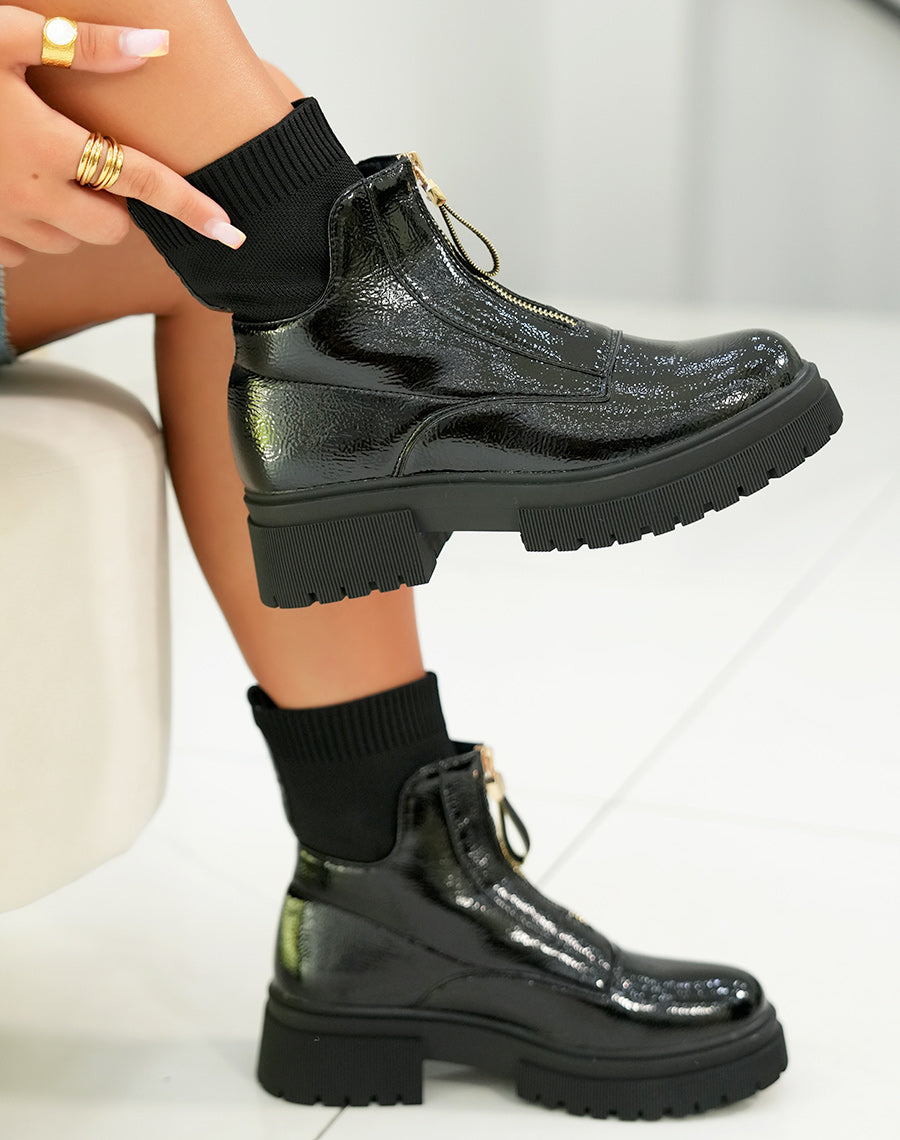 Bottines femme noires vernies tendance avec fermeture zippée