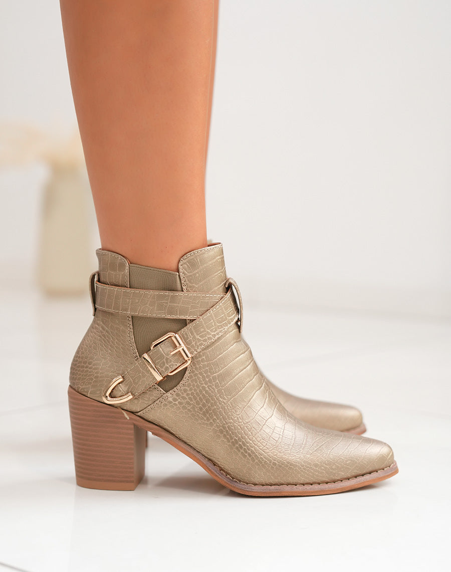 Bottines Femme à talon doré motif serpent et détails croisés