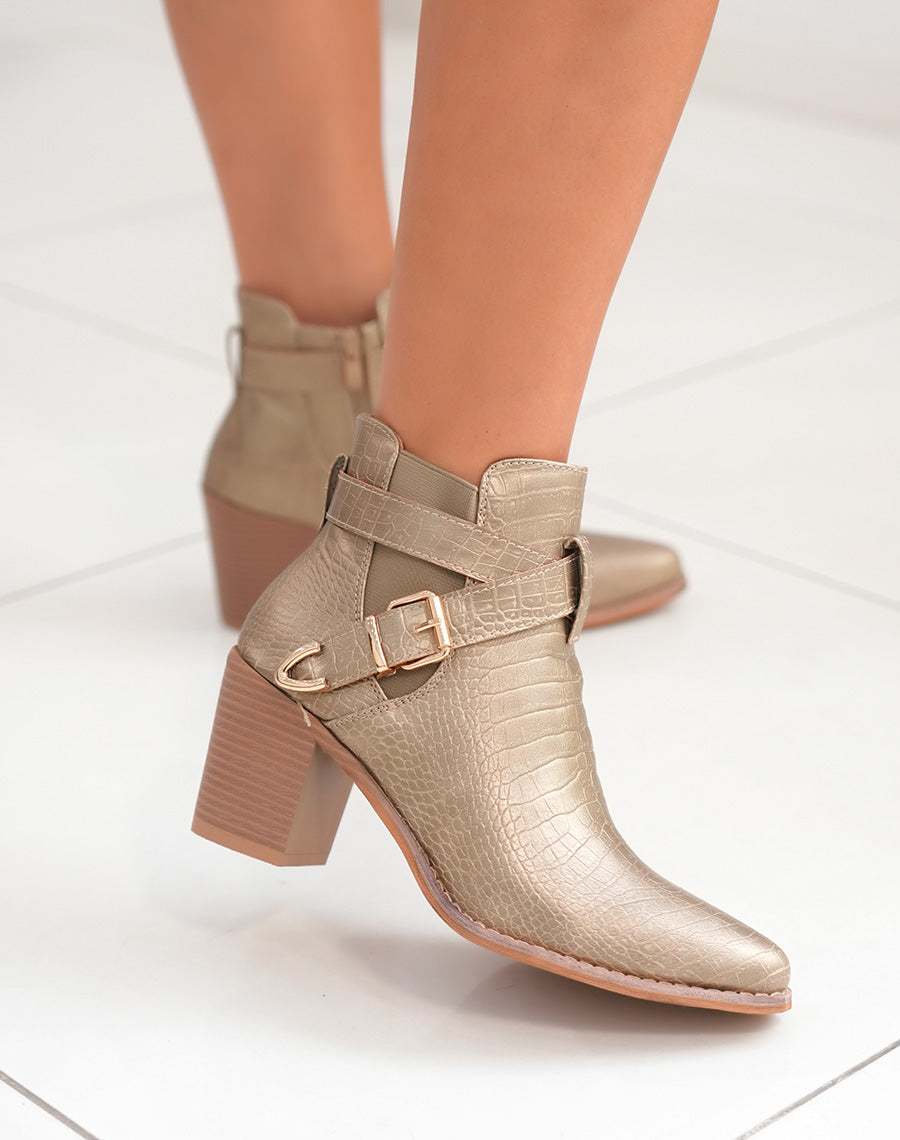 Bottines Femme à talon doré motif serpent et détails croisés