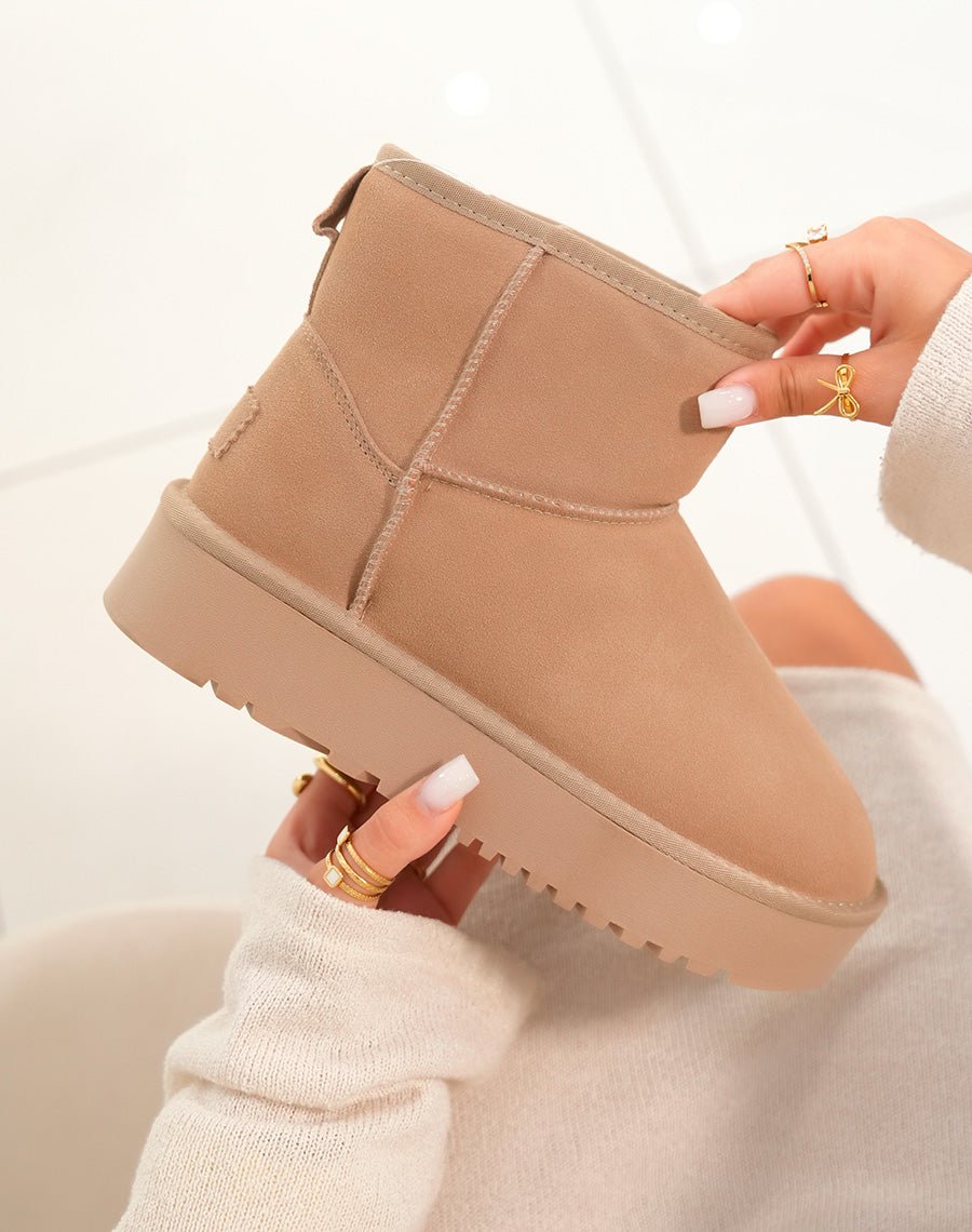 Bottines femme taupe mi-hautes en cuir à plateforme épaisse fourrées et tendance