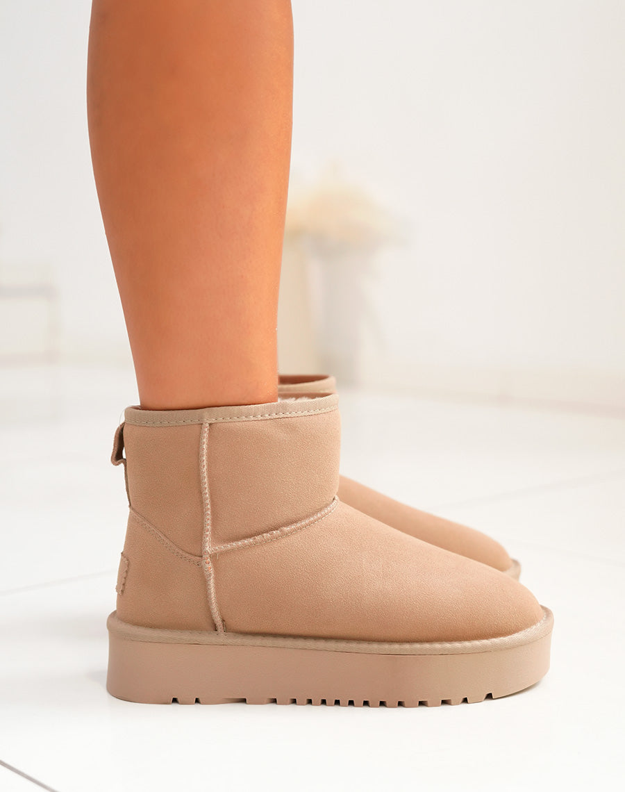 Bottines femme taupe mi-hautes en cuir à plateforme épaisse fourrées et tendance