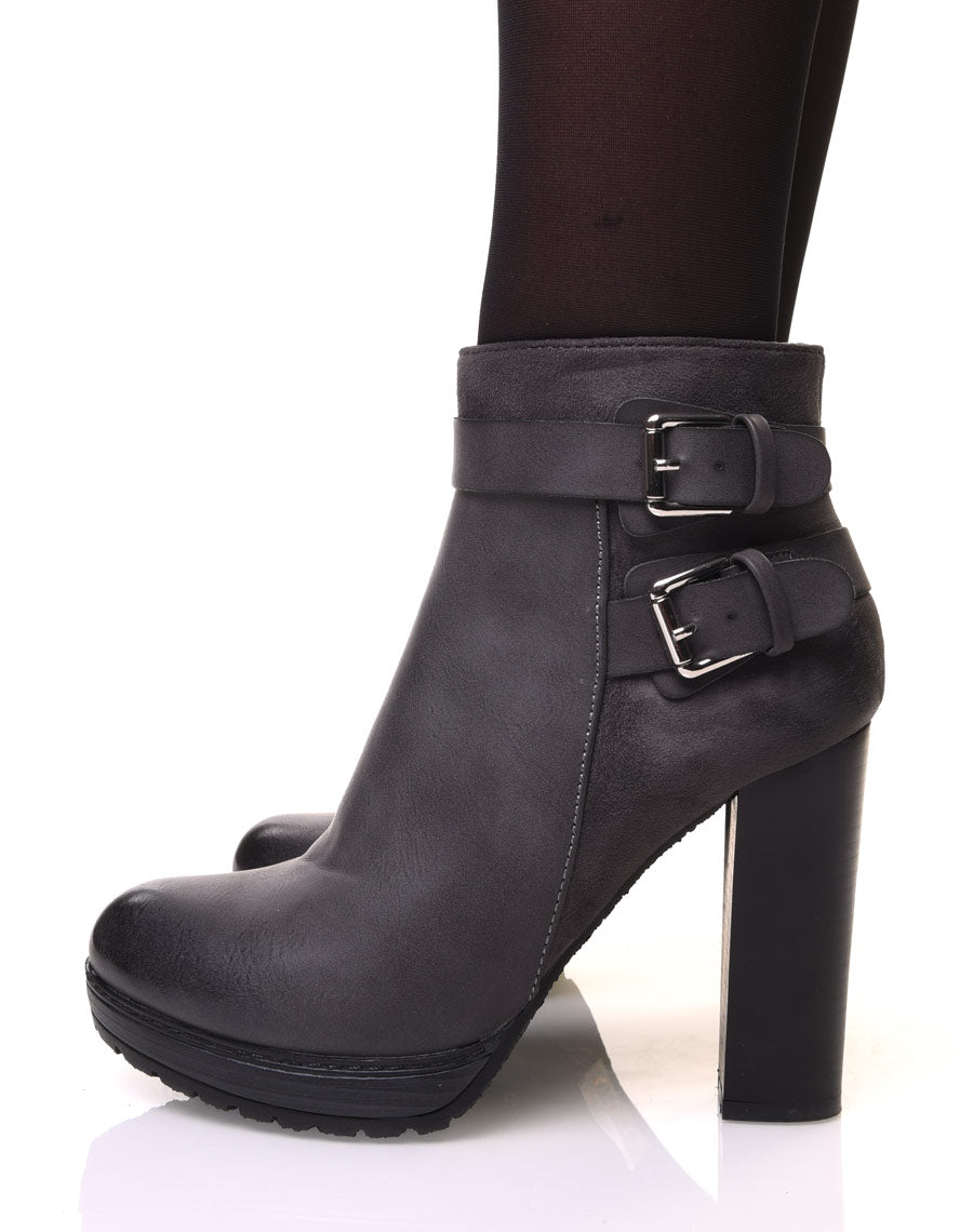 Bottines grise à talons bi-matières