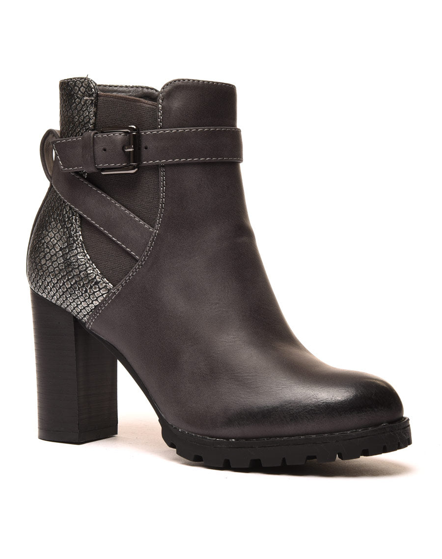 Bottines grises à talons bi matières à sangle décorative