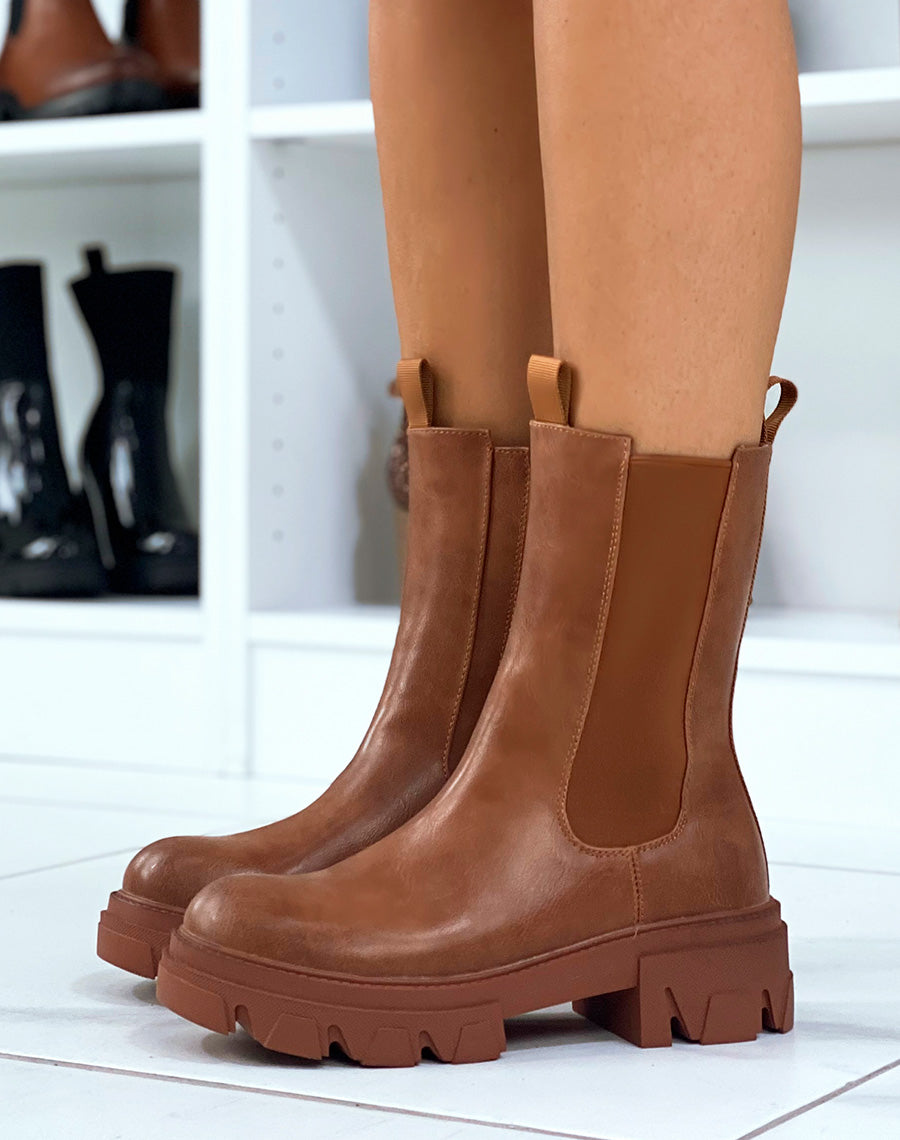 Bottines hautes camel à semelle crantée
