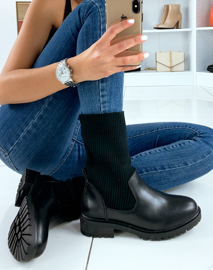 Bottines hautes noires effet chaussette