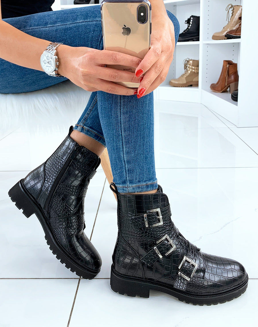Bottines hautes noires effet croco