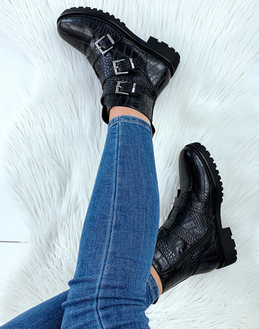 Bottines hautes noires effet croco