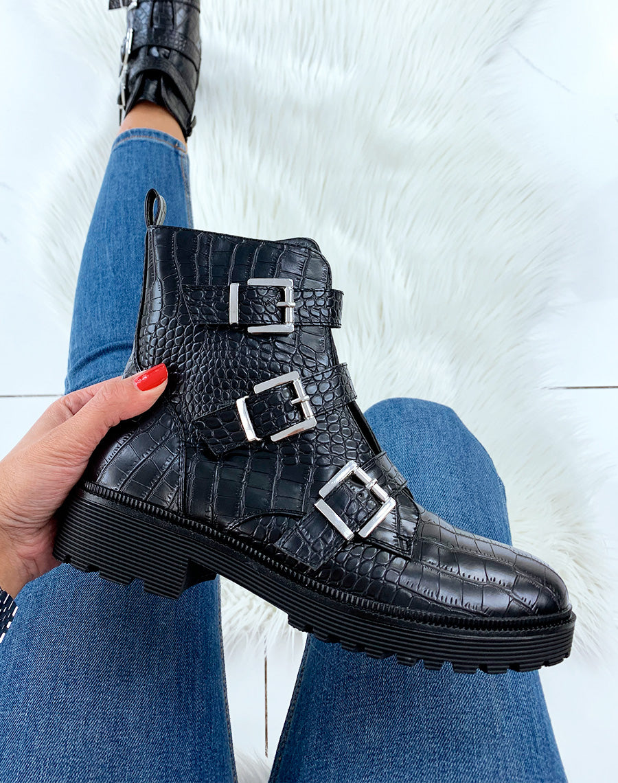 Bottines hautes noires effet croco1