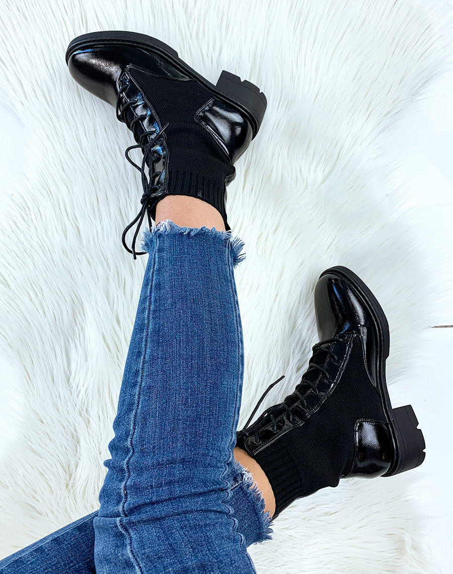 Bottines hautes vernies noires bi-matières