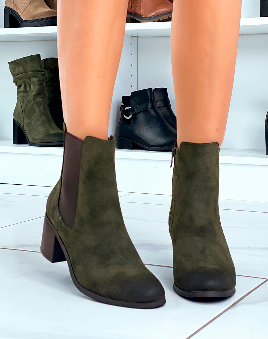 Bottines Kaki en Suédine à Talon : Un Style Tendance pour la Femme Moderne