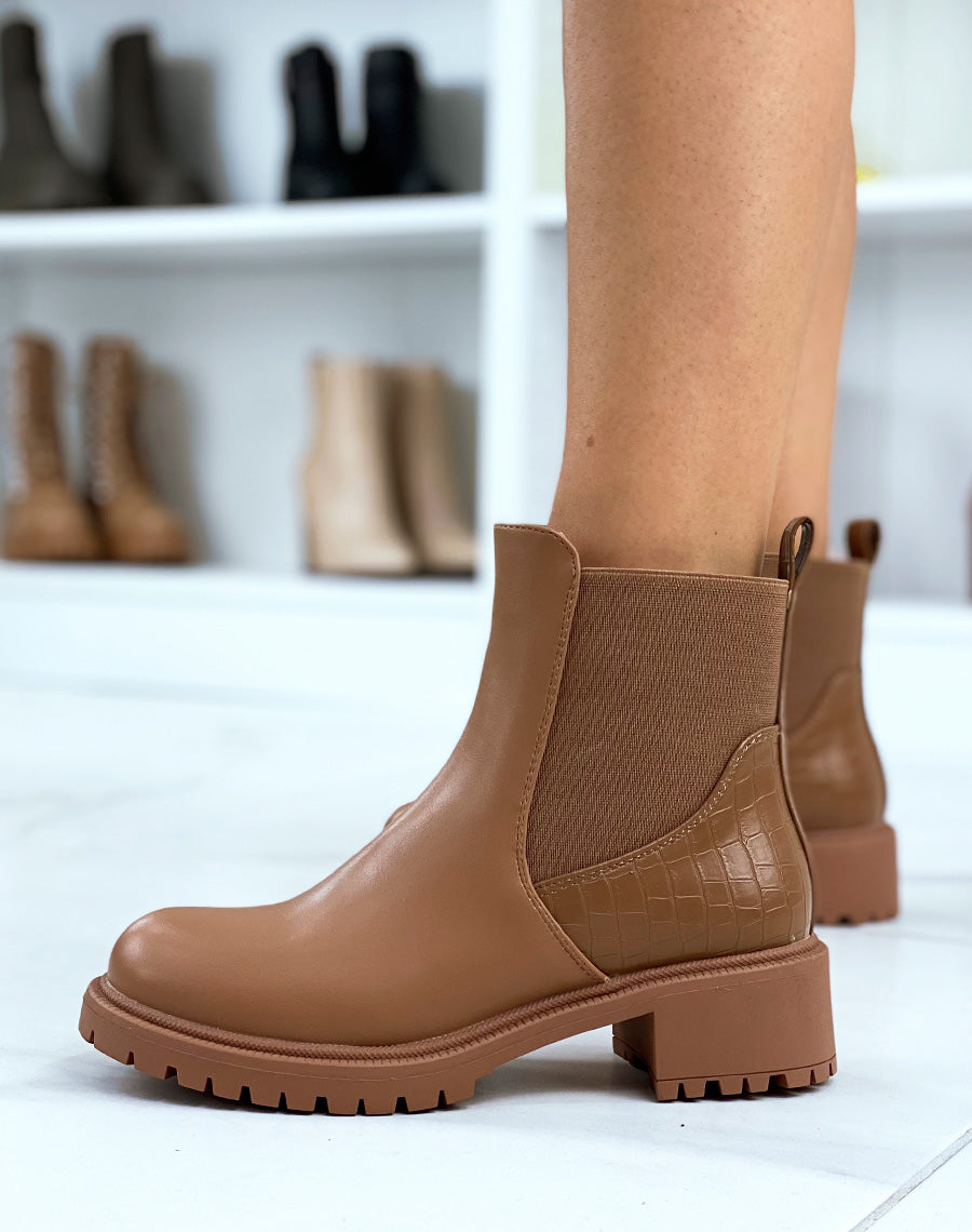Bottines marron talonnée bi-matières