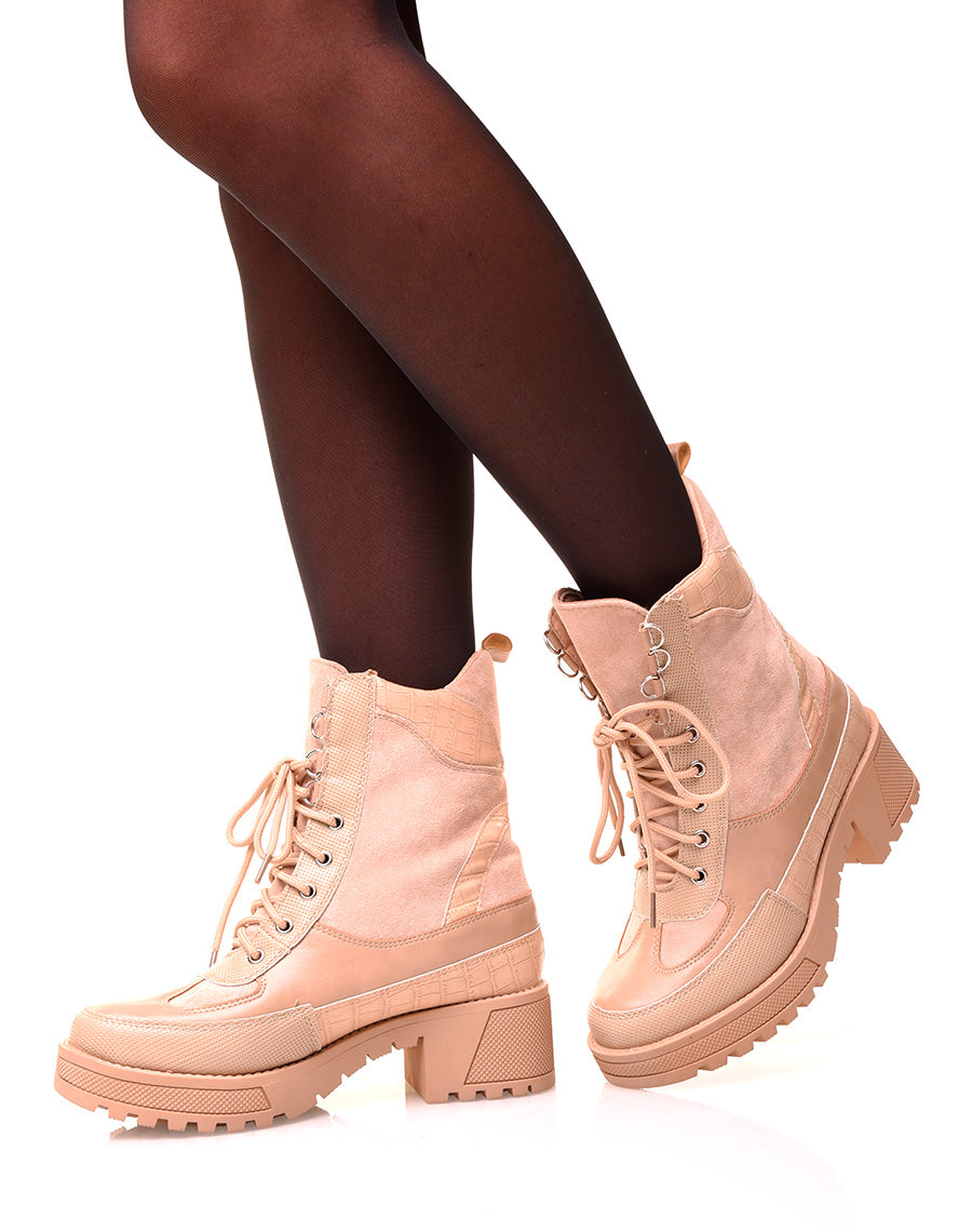 Bottines montantes beige bi-matières