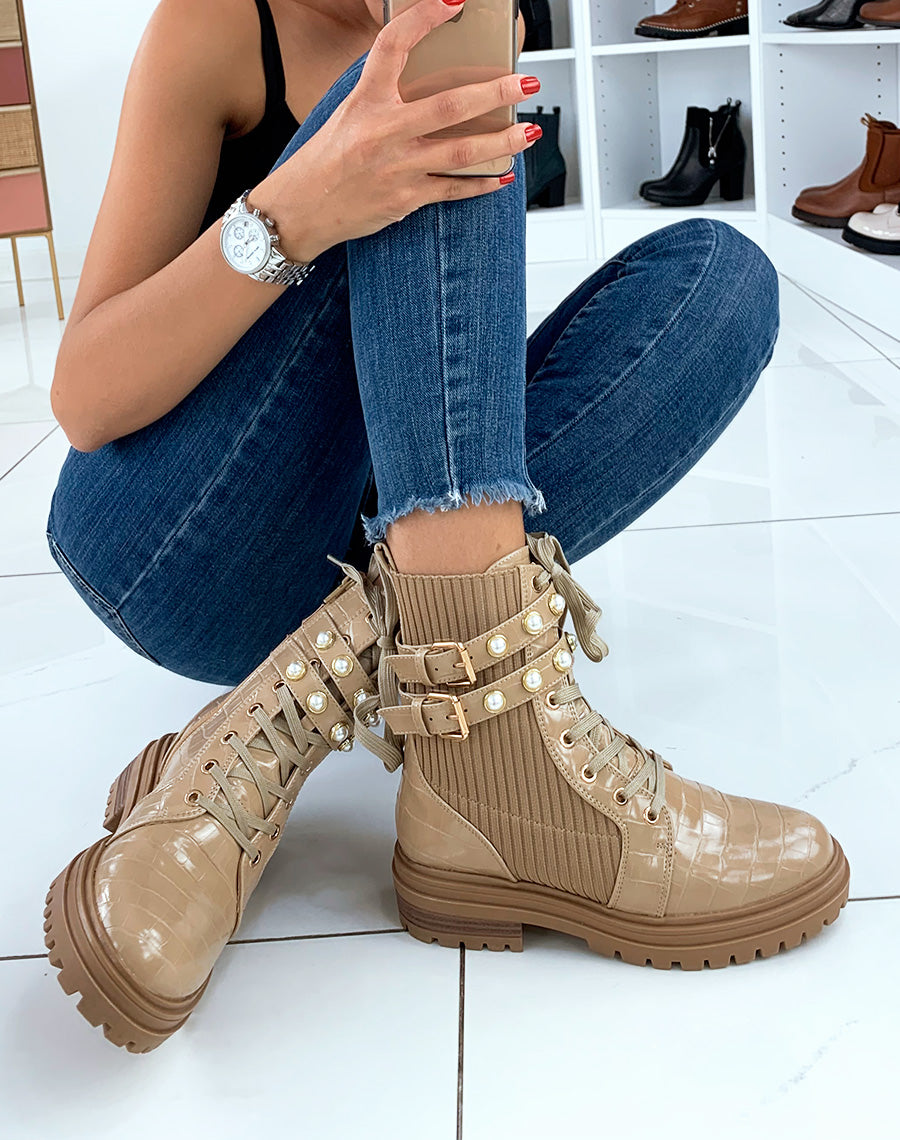 Bottines montantes beige effet croco