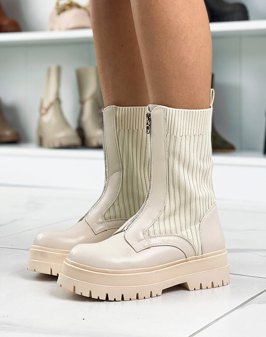Bottines montantes beiges bi-matière à zip argenté